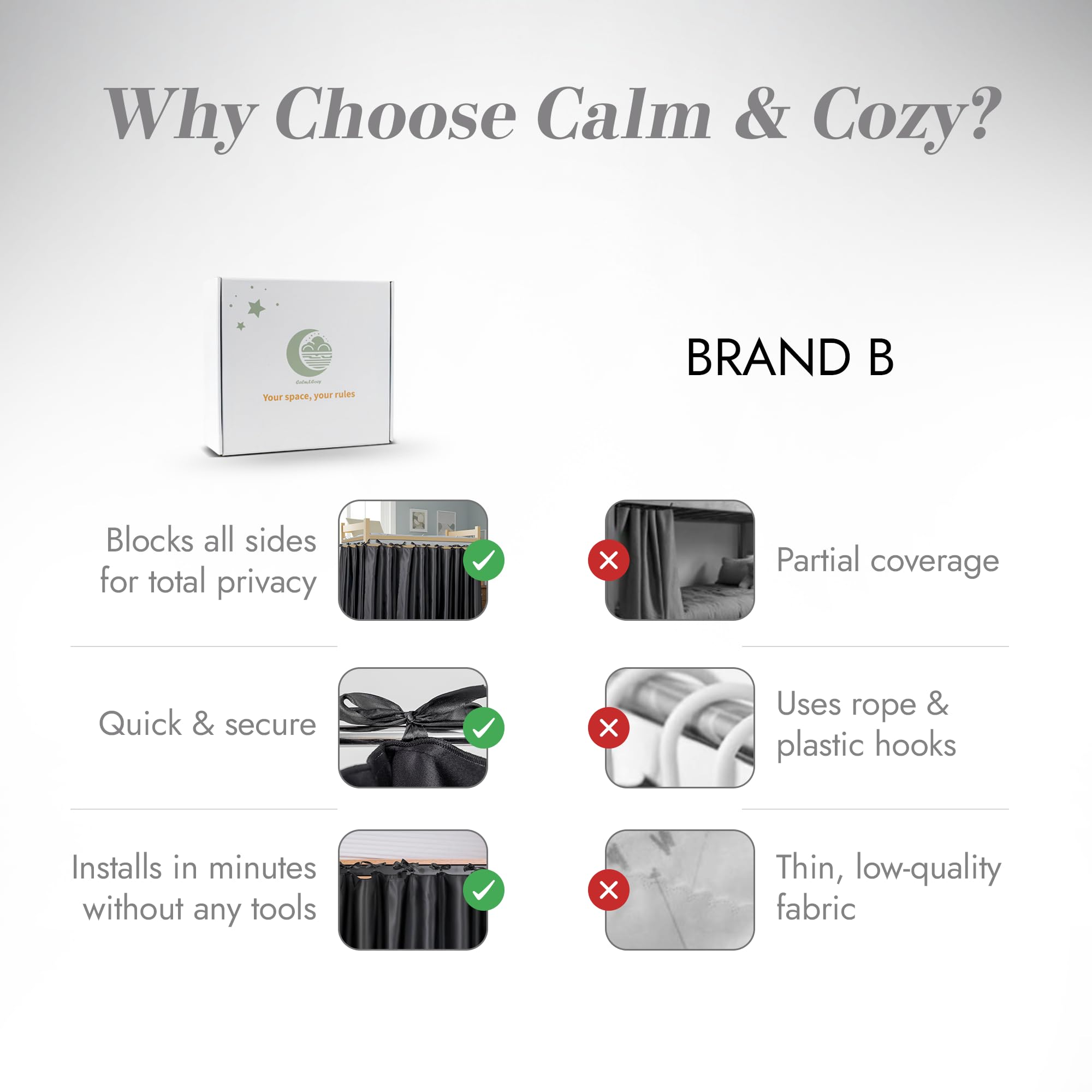 Calm&Cozy Bunk Bed Curtain — Blackout Privacy for Bottom Bunks